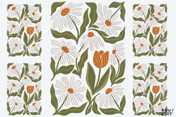 Daisies and Tulip Embroidery Design