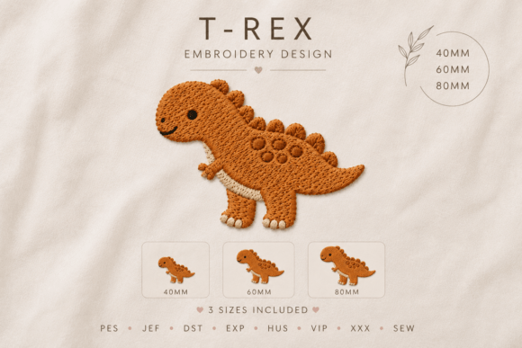 T-Rex Dinosaur Embroidery Design: Cute Charm for Kids & Crafts