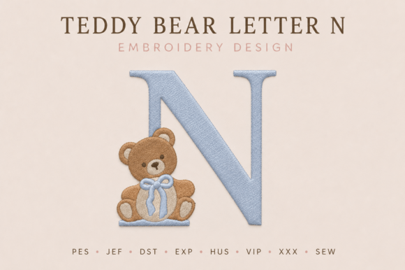 Teddy Bear Letter N Embroidery Design