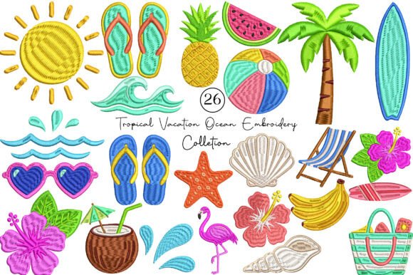 Tropical Ocean Embroidery Designs for Summer Craft Sales